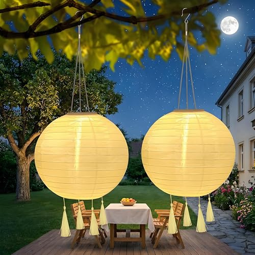 2 Stück 30CM Solar Lampions Außen Wetterfest, Warmweiß Solarlampen für Außen Hängend, Solar Lampions mit 4 Quaste, Lampions Solar Outdoor für Garten, Hof, Balkon Deko und Festdekoration
