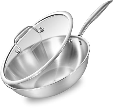 Inqibee 28CM Tri-ply Stainless Steel Wok Pan with Lid | Flat Bottom Stir-Fry Wok, Riveted Ergonomic Handle, Induction Compatible, Uniform Heat Kitchen Cookware