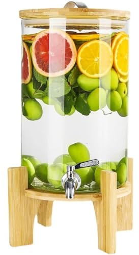 Getränkespender aus Glas mit Edelstahlhahn, auslaufsicherer Getränkespender mit Holzständer, Easy-Fill Wide Mouth Glaskanne für Cocktails und Partys