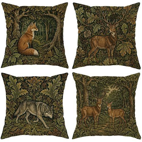 Fuchs Kissenbezug, Natur Rustikal Hirsch Wolf Herbst GrÜN Samt Reissverschluss Couch Kissen Set Wanddeko Home Wohnzimmer Schlafzimmer Sofa 50x50 cm