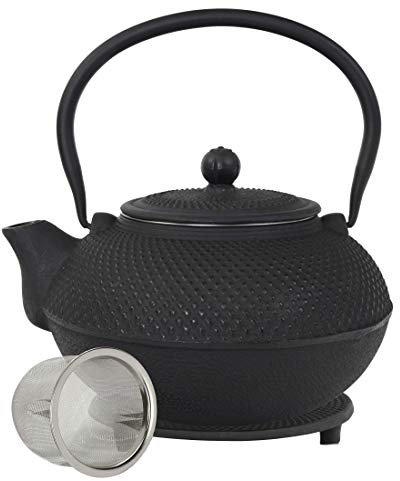 teeblume | gusseiserne Teekanne Arare | Gusseisen-Teekanne mit Sieb | inkl. gratis Untersetzer in schwarz | Teekessel innen komplett emailliert | schwarz | 1,6l