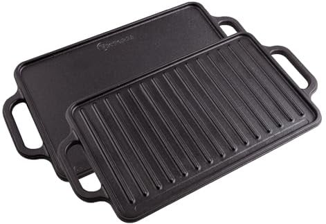 VICTORIA Plancha Cocina Hierro Fundido Curado Inducción Parrilla Doble Reversible 33 X 21cm para Fuego, Barbacoa, Horno, Vitrocerámica, Gas, Curada para Crear Antiadherente Libre de Tóxicos sin PTFE