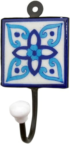 Wandhaken, Garderobenhaken mit handgefertigter Fliese, 8x8 cm, Modell 5 | Keramik & Metall, handbemalt, indischer Charme, ideal für Flur und Wohnzimmer