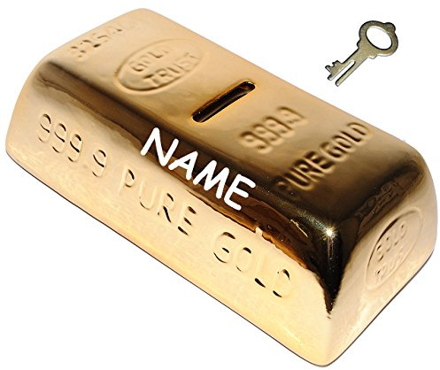 alles-meine.de GmbH XL Spardose Goldstück - Goldbarren - stabile Sparbüchse mit Schlüssel - incl. Name - aus Porzellan/Keramik - Sparschwein lustig witzig - Reich - für Erw..