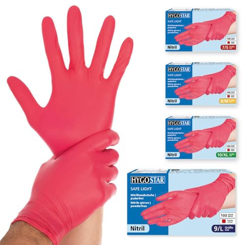 FRANZ MENSCH Hygostar Nitrilhandschuhe Safe Light | puderfrei, rot, 9/L, 24cm, 100 Stück, Einweghandschuhe, Einmalhandschuhe, in Gr. XS, S, M, L, XL & XXL verfügbar