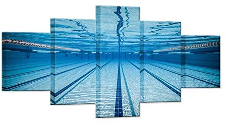 Hello Artwork - Large 5 Piece Canvas Wall Art Blue Water Swimming Pool Modern Natatorium Sport Gym Stretched And Framed Home Decor Wall Art for Living Room Decor