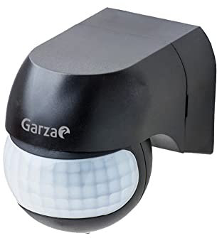 Garza - Mini Detector de movimimiento por infrarrojos para interior y exterior, protección IP44, tiempo y luminosidad regulables, ángulo detección 180º, negro
