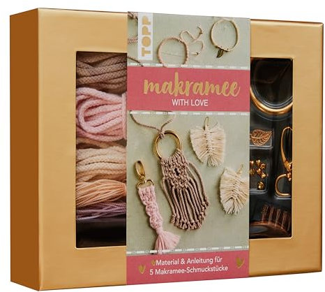 Makramee-Schmuckset „with Love“ (Rosé/Natur): Anleitung und Material für 5 Makramee Schmuckstücke. Mit Makramee-Drahtbürste und Knüpfboard.