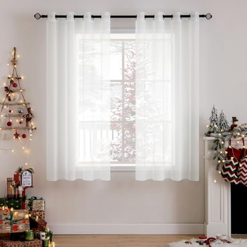 MIULEE 2er Set Voile Vorhang mit Ösen Transparente Gardine aus Voile Polyester Wohnzimmer Luftig Dekoschal für Schlafzimmer Elfenbein 160 x 140cm H x B, Grommet Top