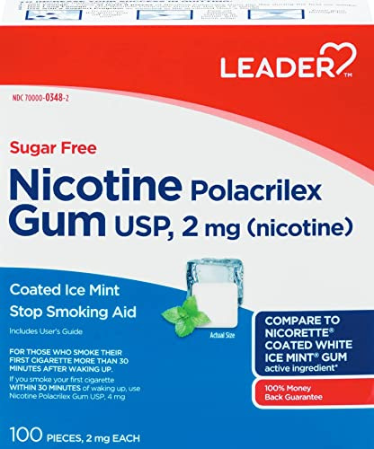 Leader Nicotine Gum Stop Smoking Aid, 2 mg, Nicotine Transdermal System, Ice Mint, Polacrilex Quit Smoking with Behavioral Support Program, Sugar Free, 100 Count