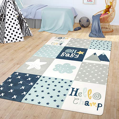 TT Home Teppich Kinderzimmer Kinderteppich Spielmatte Babymatte Modern Jungs Mädchen, Farbe: Blau, Größe:80x150 cm