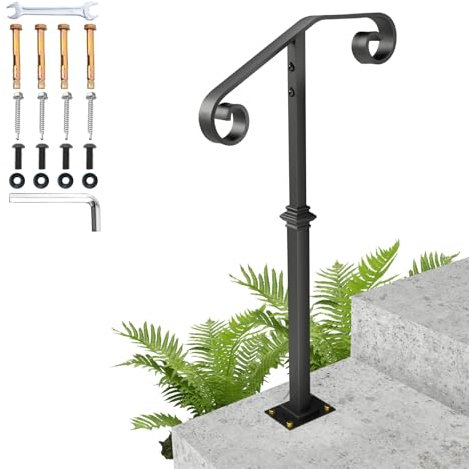 SPACEEUP Handrails for Outdoor Steps, 38.8 Single Post Wrought Iron Handrail, Black Powder Coated, Modern Style, Indoor/Outdoor Stair Railing