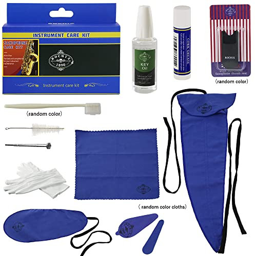 Saxophon-Reinigungsset,Saxophone Sax Cleaner Care Cleaning Kit, Maintenance Kit, Key Oil, Cork Grease, Tupfer, Reinigungstuch, Daumenauflage, Mundstückbürste und mehr (zufälliges Farbtuch)