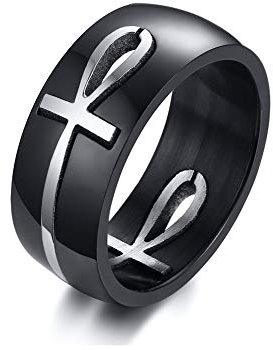 FLHEART 2 in 1 2-tone ägyptischen Ankh Ring Band Edelstahl Hieroglyphe graviert Ankh Gott des ra Ring für Herren Schutz Schmuck für ihn ihr,Größe 57 (18.1)