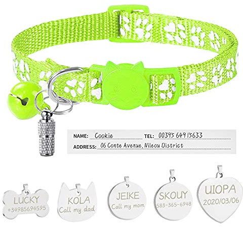 Uiopa Katzenhalsband mit Sicherheitsverschluss + Hundemarke mit Gravur + Adressanhänger, Hundehalsband mit Name & Glöckchen, Verstellbar Halsband für Katze und Hund (Fluoreszierendes grün)