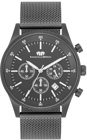 Rhodenwald & Söhne Herren Uhr Edelstahl grau Quarzwerk 5 ATM | Edelstahl Armband, grau, Milanaise, Chronograph, Zifferblatt grau, Mineralglas, Armbanduhr