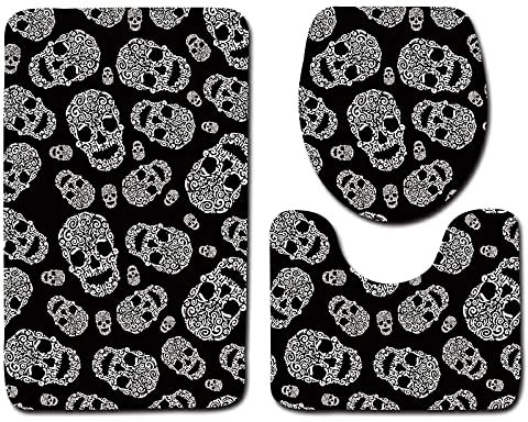HJOSWVNS Badezimmerteppich Schwarzer Totenkopf-Print Badematte Badezimmer Set 3 Teilig rutschfest Badteppich 50x80cm Maschinenwaschbar Badvorleger für Wohnzimmer, Schlafzimmer, Toilette