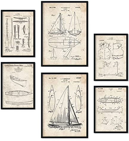 Nacnic Set von 6 Plakaten mit Boot Patenten. Plakate mit Retro-Patentabbildungen. Inneneinrichtung im Vintage-Stil. Grösse A4 und A3. Ohne Rahmen.