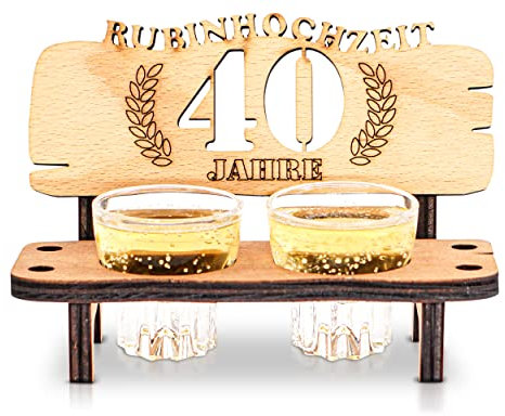 DARO Design - Schnapsbank 40. Hochzeitstag Rubinhochzeit Geschenk Deko für Paare Männer Frauen aus Holz mit Gläsern