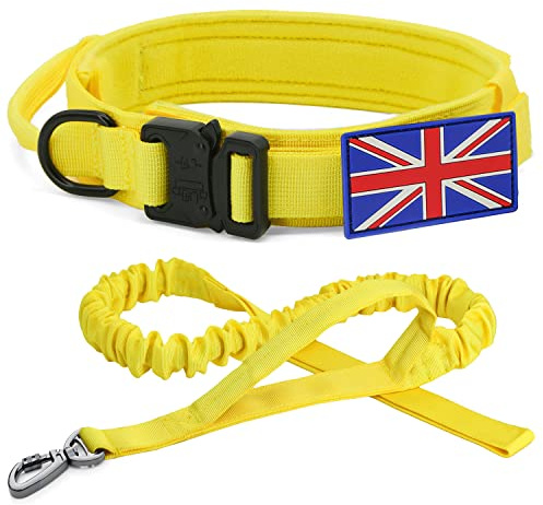 YoothBro K9 Military Dog Collar and Lead Set - Adjustable Nylon Collar with Heavy Duty Metal Buckle for Medium Large Dogs XL, Yellow with UK United Kingdom Flag