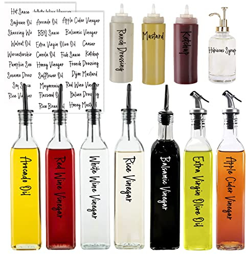 v2croft 138 Script Oil and Vingars Lables, Condiments Bottle Stikers, Transparent Vinyl Black Text, Pantry Organization for Oil Vinaigrette Dispenser, Sauce & Dressing Sequeeze Bottles(Waterproof)