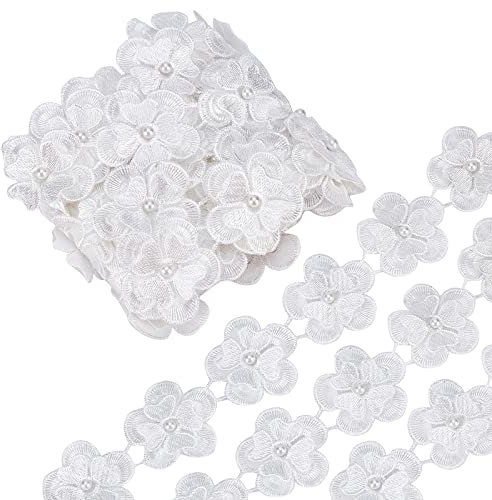 GORGECRAFT 4 Yard 3D-Blumen-Spitzenband Perlen-Kantenbesatz Bestickter Applikationsstoff Vintage-Nähhandwerk Für Hochzeitskleid Verschönerung DIY-Kleiderdekoration (Weiß)