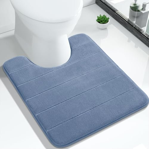 Yimobra Bath Toilet Mat 51 x 61 cm, Non-Slip Memory Foam U-Shaped Contour Rug, Soft Comfortable Bathroom Shower Mats, Super Water Absorption, Machine Wash, Easier to Dry for Bath Floor Rug, Denim Blue