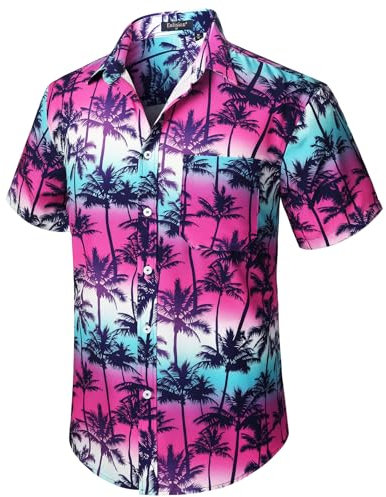 Enlision Chemise hawaïenne pour Homme Funky à Manches Courtes décontracté boutonné très Fort été Aloha Hawaii Chemise Plage Vacances Palmier imprimé Rose Vif 2XL
