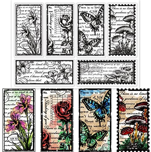 GLOBLELAND Vintage Blumen Klare Stempel Für Kartenherstellung Retro Pilz Schmetterling Silikon Klare Stempel Siegel Für Karten Basteln DIY Scrapbooking Fototagebuch Album Dekoration