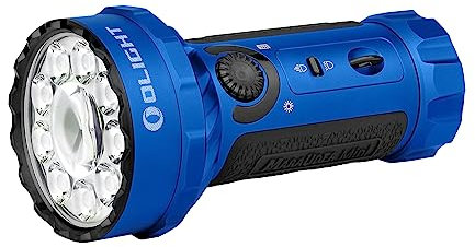 OLIGHT Marauder Mini LED Super Hell 7000 Lumen 600 Meter Wiederaufladbare Taschenlampe mit Strahler und Flutlicht, 3 Arten farbiger LEDs mit Abstandssensor für Outdoor (Blau)