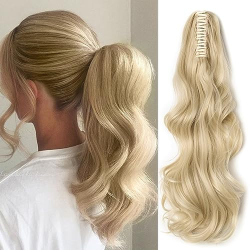TESS Pferdeschwanz Clip Extensions, 45 cm Gewellt Pferdeschwanz Haarteil #613C Bleichblond Haarverlängerungen für Zopf Synthetische für Frauen