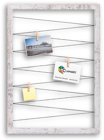 CLAMARO 'Collage Flex' Fotohalter 70x90 cm | Vintage Weiß | Bilderrahmen Fotorahmen Collage mit Gummibändern und Foto Holzklammern | Ideal als Galerie für Fotos oder Postkarten