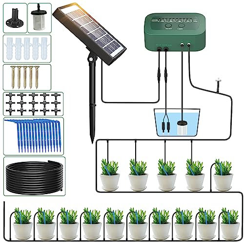 PChero Solar Bewässerungssystem mit Timer, Automatische Tropfschlauch Bewässerung Tropfbewässerung Bewässerungssystem für Outdoor Balkon Garten Pflanzen Hochbeete Gewächshaus Topfpflanzen