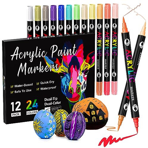 Patamiyar Rotuladores Acrílicos, 24Colores/12Bolígrafos Rotuladores Permanentes de Colores RotuladoresLettering Impermeable para Pinturas Rupestres Piedras Vidrio Madera Cerámica Tela Lienzo