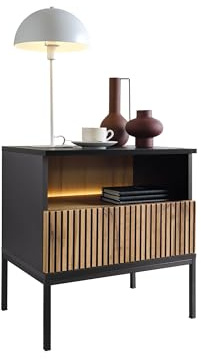 Mirjan24 Nachttisch Selvix S54 mit Schublade und Fächer, LED-Beleuchtung, B:54 x H:56 x T:39 cm Nachtschrank Nachtkonsole Nachtkommode Beistelltisch Schlafzimmerkommode (Schwarz Graphit/Eiche Wotan)