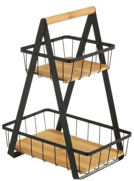 LEKE GO Frutero de 2 pisos de metal y bambú natural estilo nordico para cocina (Negro 2 cesta)