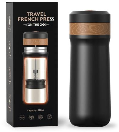 FOXNSK Portable French Press Travel Coffee Maker, 320ML Hot & Cold Brew French Presses Stainless Steel French Press Coffee Maker Vacuum Insulated Travel French Press Mug