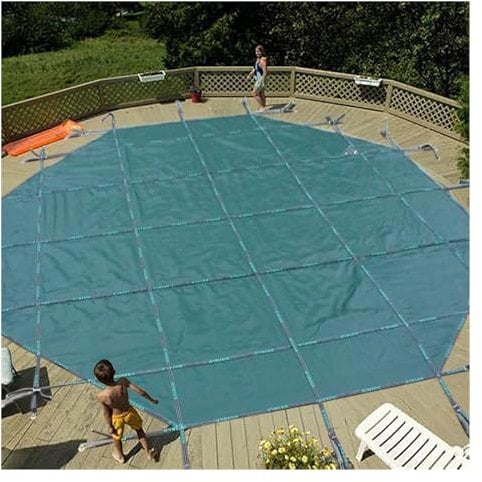 Couverture de sécurité pour piscine creusée en maille verte, couverture de protection hivernale pour piscine creusée, pour piscine ronde avec kit de matériel, terrasse en bois/montage en béton (c