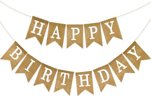 G2PLUS HAPPY BIRTHDAY Burlap Bunting Banner - Reusable Hessian Pentagon Banner with White Letters for Birthdays