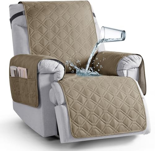 TAOCOCO Waterproof Recliner Chair Cover, Non Slip Armchair Covers for Recliner Chair with Pocket, Washable Recliners Sofa Cover Furniture Protector for Kids, Pets(1 Seater Middle (22), sand)