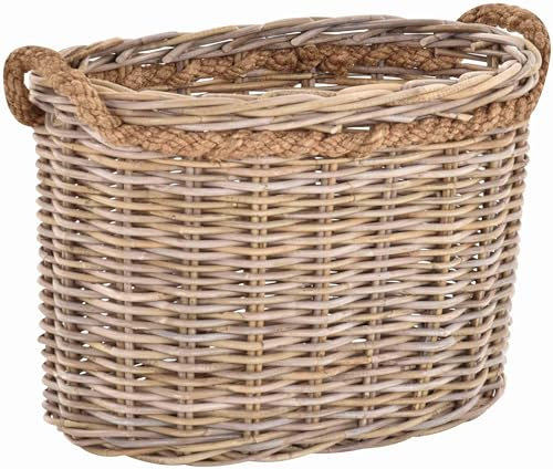 Korb-Outlet Großer Pflanzkorb Holzkorb oval Grau Natur Rattan mit Seilrand/Übertopf aus Rattan (Oval XXL 70cm)