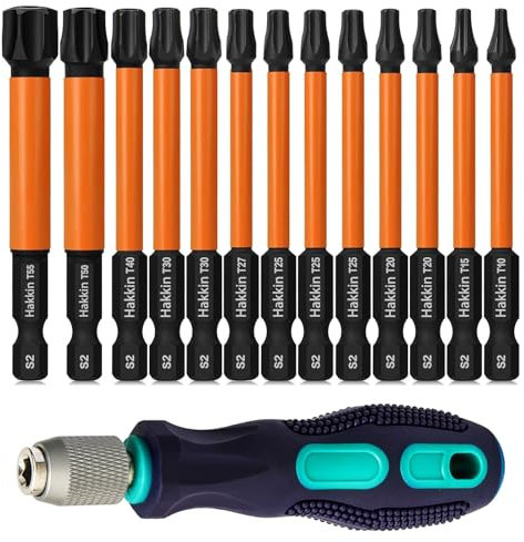 Hakkin 13 Stück Torx Bit Set Lang 75mm mit Loch T10 T15 T20 T25 T27 T30 T40 T50 T55 Bitsatz für Akkuschrauber 1/4 Torx Schraubendreher Bitset für Schlagschrauber S2 Sternschraubenzieher