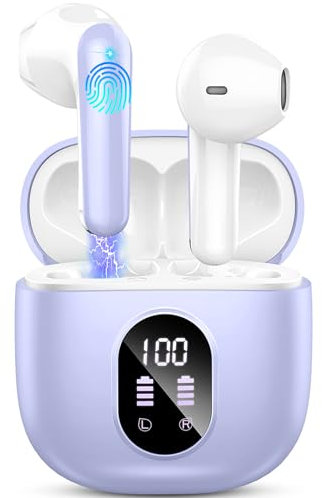 Auriculares Inalambricos, Auriculares Bluetooth 5.3 HiFi Estéreo, 50H Cascos Inalambricos Bluetooth con 4 HD Mic,2024 Audifonos Inalambricos Cancelacion de Ruido ENC/Pantalla LED//USB-C/Morado