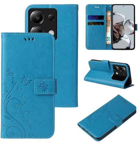 LBH Handy Hülle für Xiaomi Redmi Note 13 Pro 5G Case Handytasche Schmetterling Blumen Flower Standfunktion Schutzhülle Magnet Rundum Schutz 360 Grad Flipcase Cover Blau
