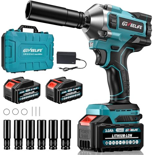 GEVEELIFE 650N.m/480Ft-lbs Brushless Impact Wrench,1/2 Cordless Impact Gun w/ 2x4.0Ah Battery & 6 Sockets, 3300RPM Power Electric Impact Driver for Car/DIY Furniture/Lawn Mower, Blue Toolbox
