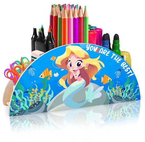 LUKIUP Meerjungfrau Stiftehalter Kinder Stifte Organizer, Schreibtischorganizer aus Holz, Multifunktions -Organisator für Kinder Büromaterial, Schule Bleistift und Andere Schreibwaren Aufbewahrung
