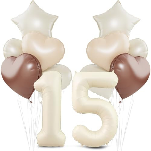Beige Luftballon 15.Geburtstag,Cremeweiß 15. Geburtstag Ballon Deko,XXL 40 Zoll luftballon 15.,Beige Aprikose Braun Herz Stern Folienballons,für 15 Jahre Geburtstagsdeko Jubiläum Party Dekoration