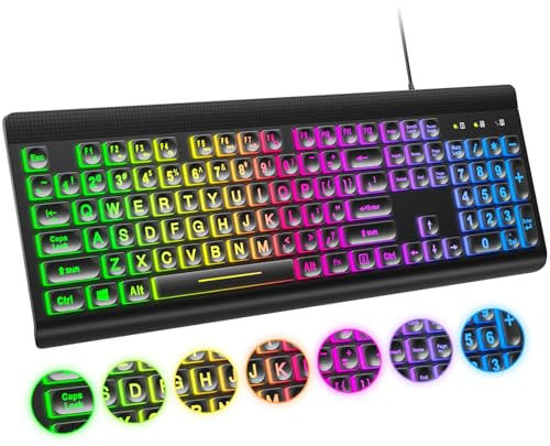 Atelus Large Print Backlit Keyboard, USB Wired Computer Keyboard, Full Size Keyboard with Rainbow Illuminated LED Compatible for Windows Desktop, Laptop, PC, Gaming, Black