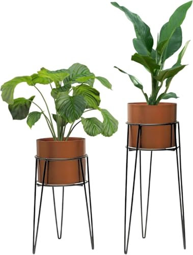 Trendi Bronze Set of 2 Planter Pots with Metal Stands, Flower Pots Living Room Decor | Plant Pot for Indoor/Outdoor Flower pot Plant Herb Garden Container Organizer decor (Set of 2 Bronze)
