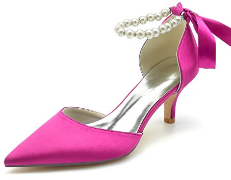 HFWXYSA Scarpe da sposa bianche con tacco a gattino, scarpe da sposa a punta con cinturino alla caviglia in raso e perle alla caviglia, per feste e balli studenteschi, Fucsia, 43 EU